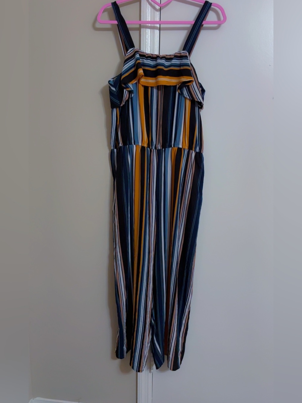 No Boundaries Navy, Mustard & White Striped Wide-Leg Jumpsuit